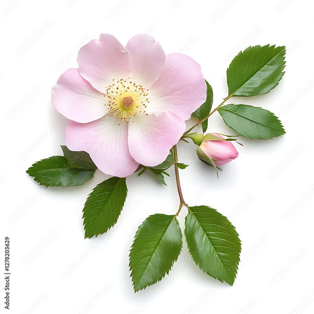White rose flower with green leaves isolated on white background, clipping path included White rose flower with green leaves isolated on white background, clipping path included