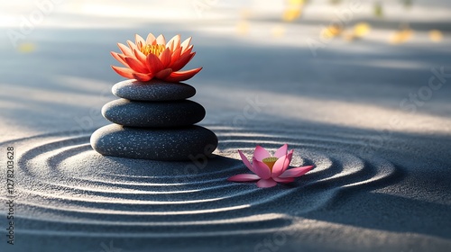 Stacked stones and lotus flowers in zen garden.