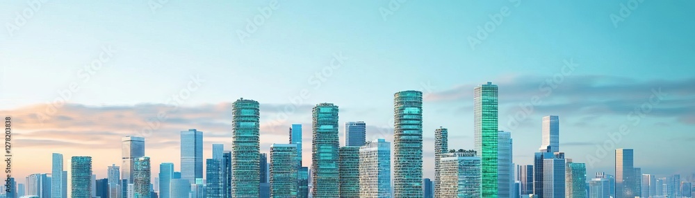 Futuristic city skyline with skyscrapers made from recycled materials and powered by green energy Futuristic city skyline with skyscrapers made from recycled materials and powered by green energy