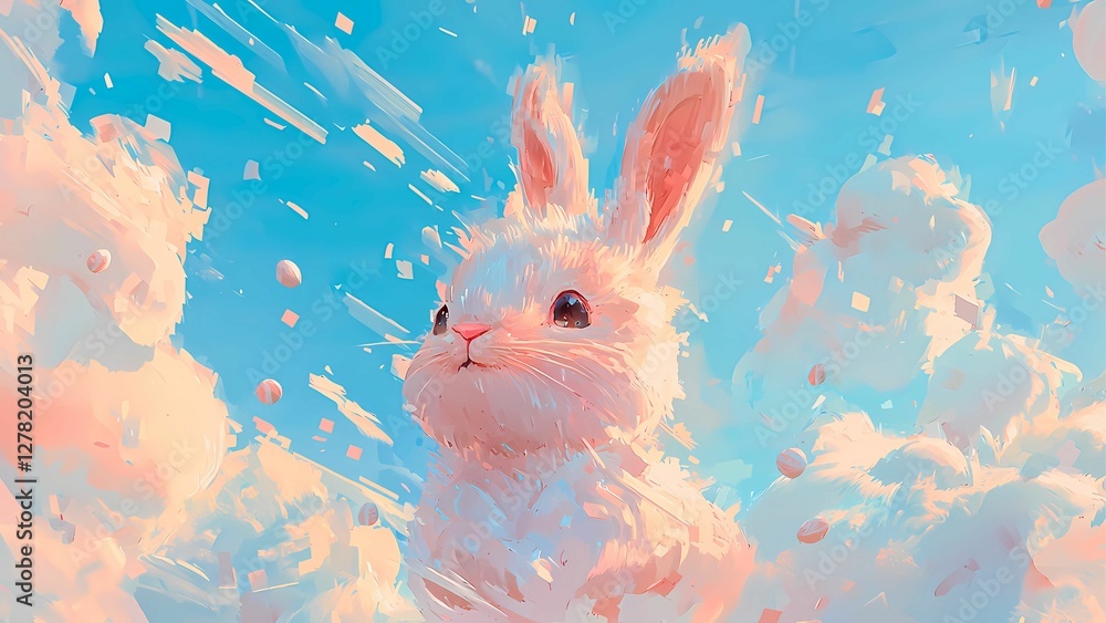 Obraz premium a cute rabbit in the sky surrounded by clouds.