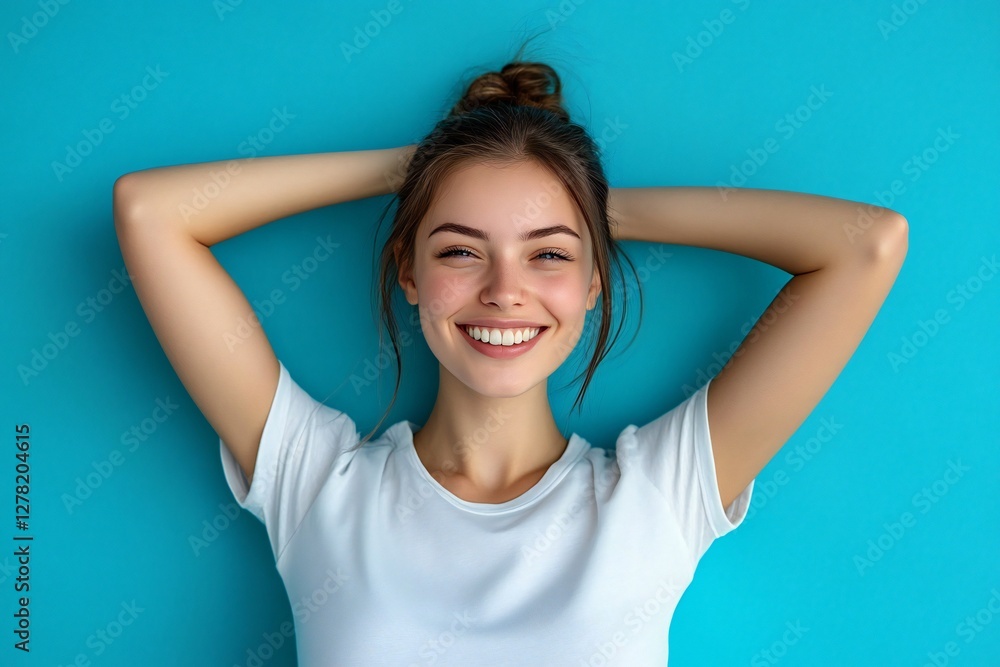 Young Woman in Casual T-shirt Relaxing on blue Background with a Bright Smile Young Woman in Casual T-shirt Relaxing on blue Background with a Bright Smile