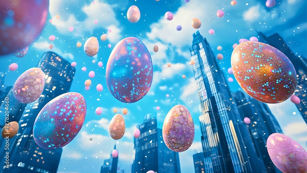 giant easter eggs floating through a city. giant easter eggs floating through a city.