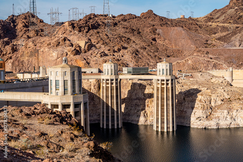 View of intake towers at Hoover dam. Famous hydroelectric power station on the border of Arizona and Nevada. 