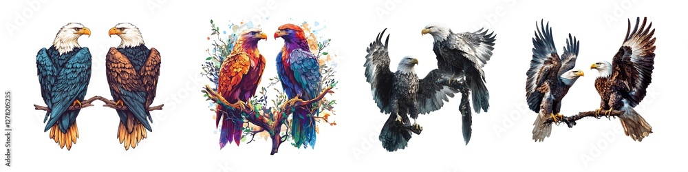 Fototapeta premium Set of two majestic eagles perched on branches with wings spread, isolated on transparent background