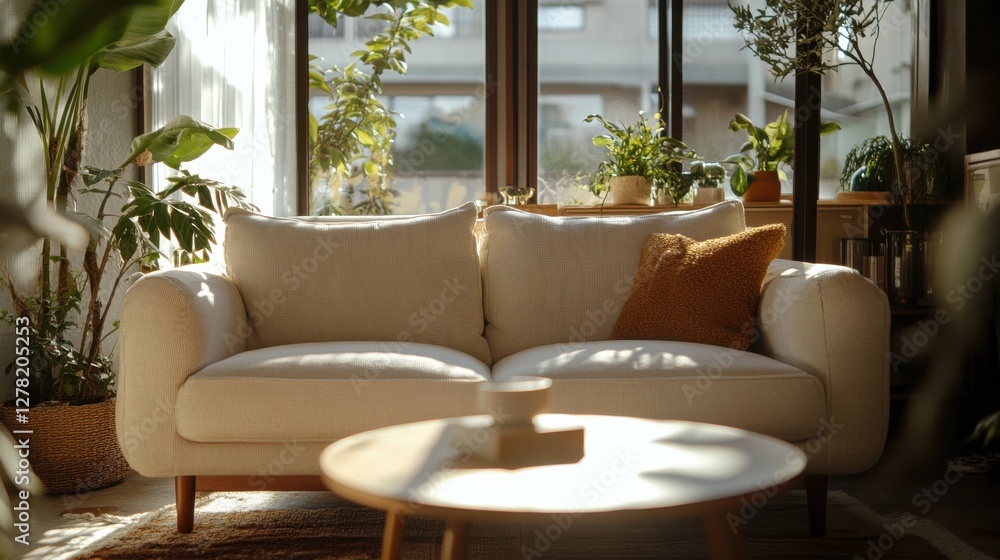 Fototapeta premium Cozy living room with natural light and indoor plants decor