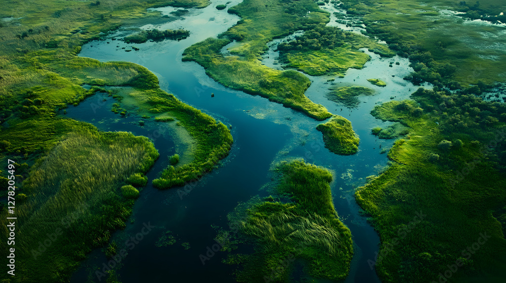 Fototapeta premium Aerial view of winding river, lush greenery surrounding the water, highlighting nature's intricate patterns in serene landscape.