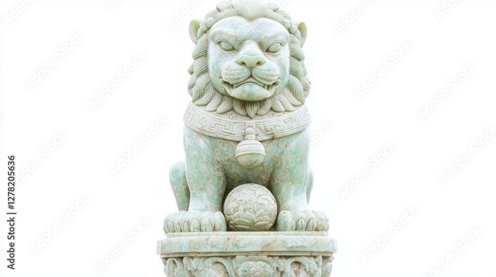 Jade Lion Statue with Paws Perched on Decorative Base