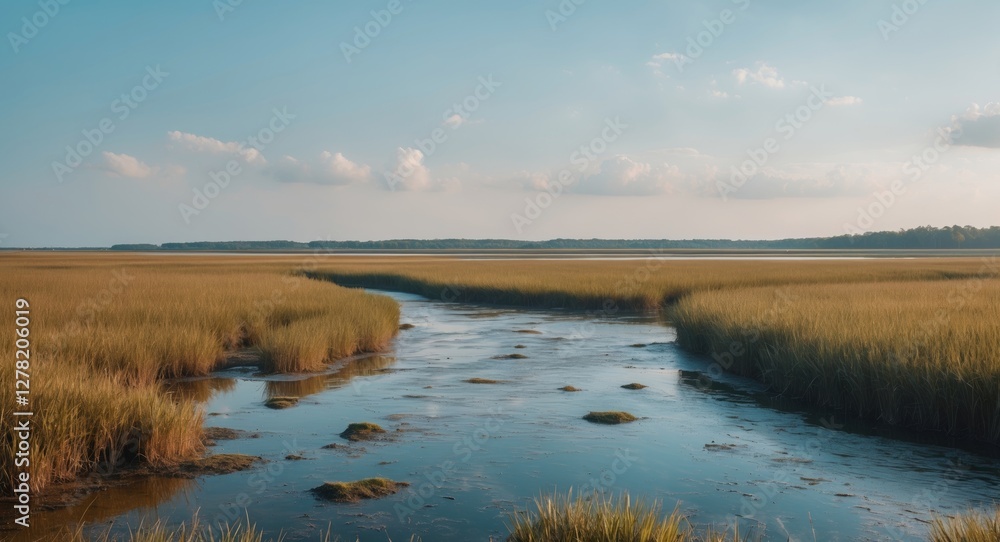 Marshland landscape with flowing waterway surrounded by tall grass under a blue sky with scattered clouds and distant tree line Marshland landscape with flowing waterway surrounded by tall grass under a blue sky with scattered clouds and distant tree line