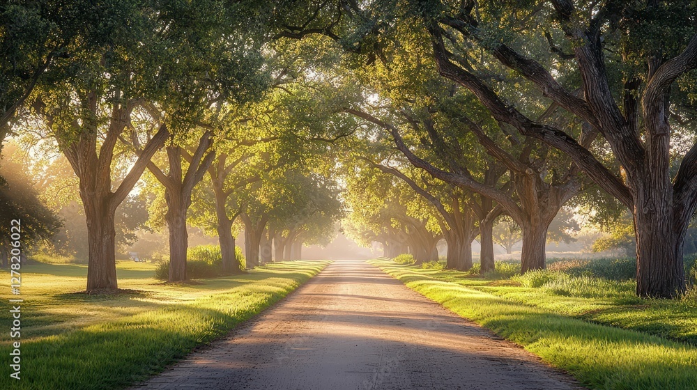 Tranquil Tree-Lined Pathway with Soft Morning Light and Greenery Tranquil Tree-Lined Pathway with Soft Morning Light and Greenery