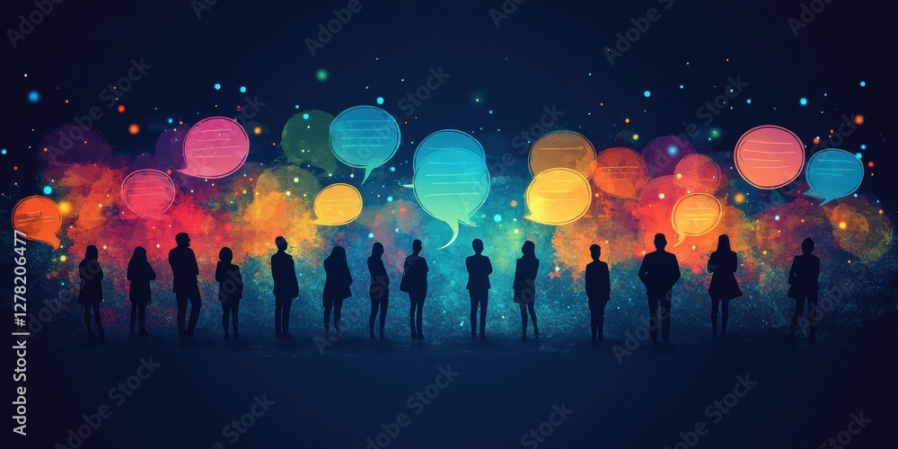 Group discussion silhouettes with colorful speech bubbles on a dark background Group discussion silhouettes with colorful speech bubbles on a dark background