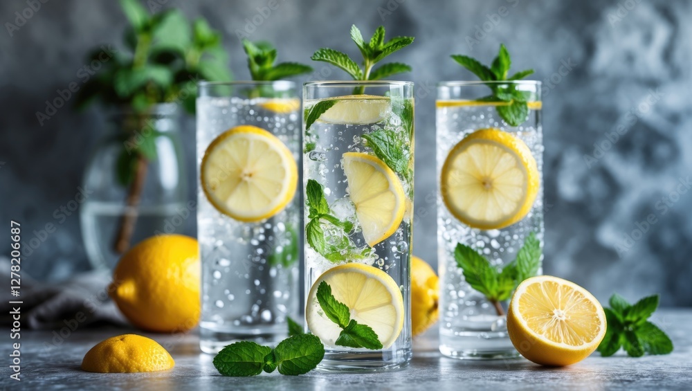 Fototapeta premium Refreshing lemon water with mint leaves in tall glasses on a gray background with whole and sliced lemons.