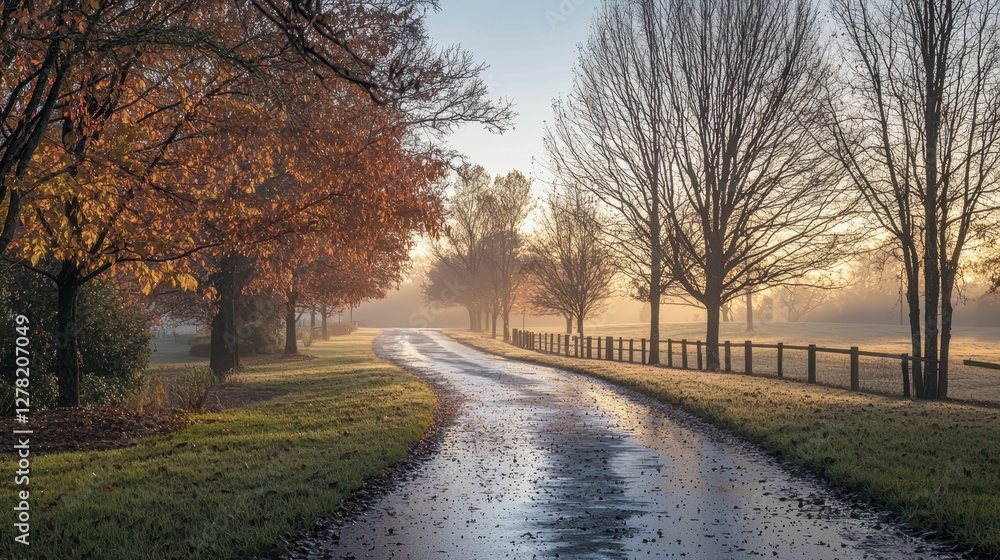 Serene Misty Morning on Winding Country Road Surrounded by Trees Serene Misty Morning on Winding Country Road Surrounded by Trees