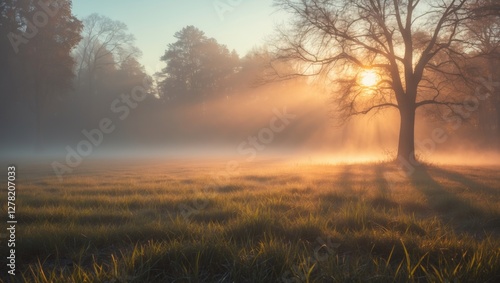 Early morning landscape with sunlight filtering through fog in a field with a lone tree and grass. photo