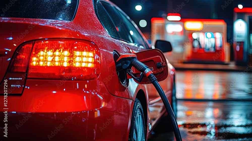 red car being refueled at a gas station red car being refueled at a gas station