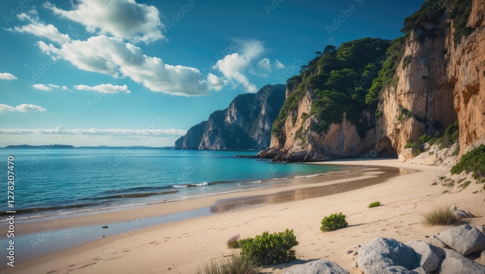 Serene Deserted Beach In A Sunny Bay Surrounded By Cliffs And Clear Water Ideal For Relaxation And Reflection Serene Deserted Beach In A Sunny Bay Surrounded By Cliffs And Clear Water Ideal For Relaxation And Reflection