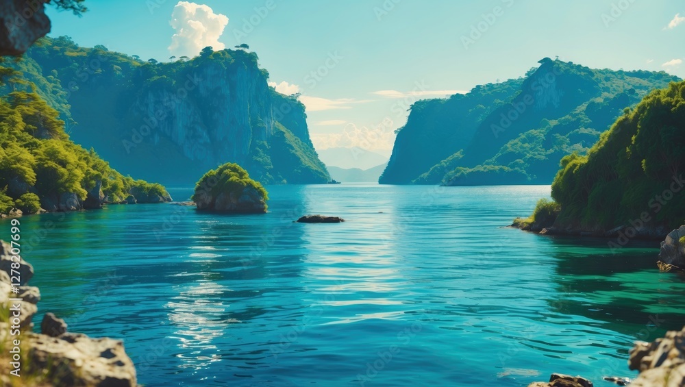 Scenic Coastal Landscape Featuring Tranquil Blue Waters Surrounded By Lush Green Islands Under A Clear Sky With Space For Text Overlay