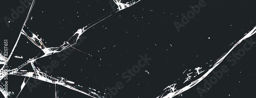 Dark black background with a cracked texture. The black background features white streaks resembling shattered glass. Cracked glass background vector. Black background.