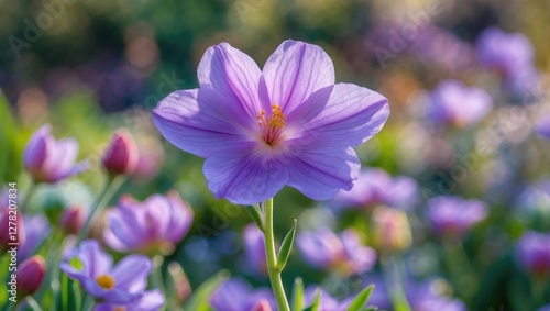 Delicate Blooming Purple Flower in Vibrant Garden Setting with Soft Focus and Natural Light