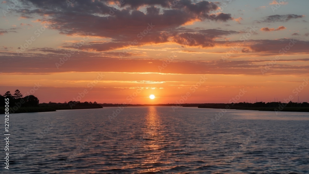 Serene Sunset Reflection Over Waterway at Hunting Island Natural Beauty and Tranquility in Nature's Evening Display Serene Sunset Reflection Over Waterway at Hunting Island Natural Beauty and Tranquility in Nature's Evening Display