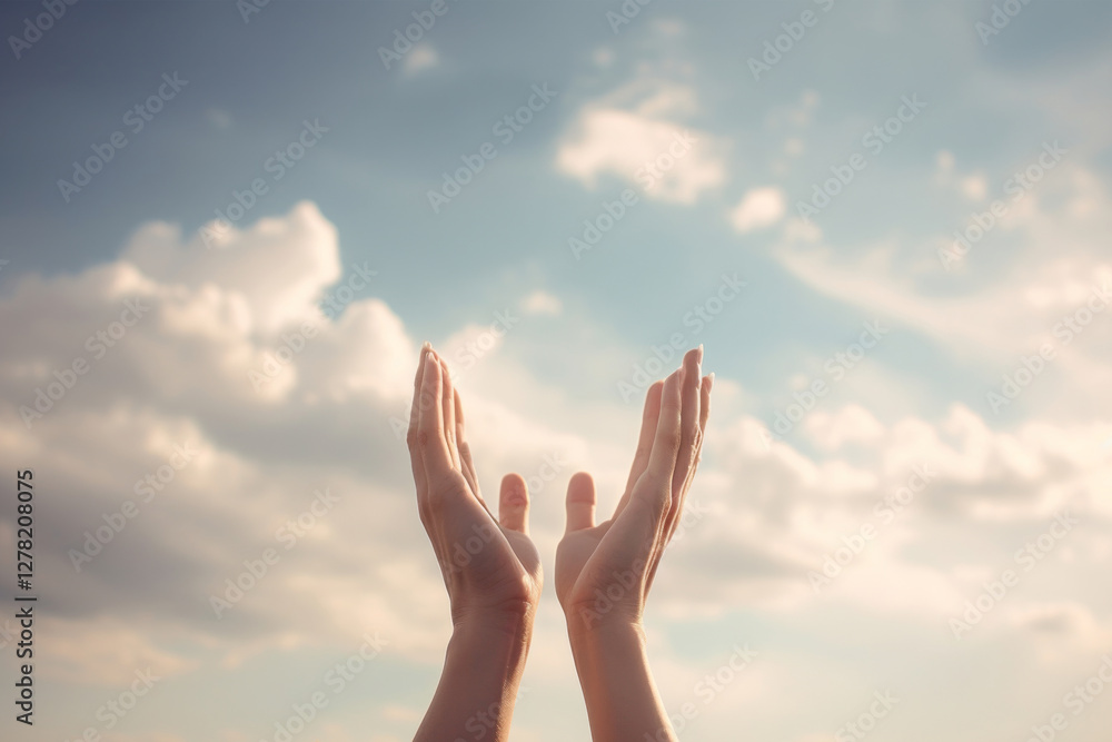 Close-up of two hands raised against bright sky with sunlight. Concept of hope, spirituality and gratitude Close-up of two hands raised against bright sky with sunlight. Concept of hope, spirituality and gratitude