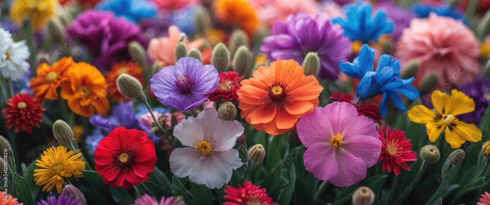 Vibrant Close-Up of Colorful Summer Flowers in Bloom with Varied Petal Shapes and Textures Capturing Natural Beauty and Diversity Vibrant Close-Up of Colorful Summer Flowers in Bloom with Varied Petal Shapes and Textures Capturing Natural Beauty and Diversity