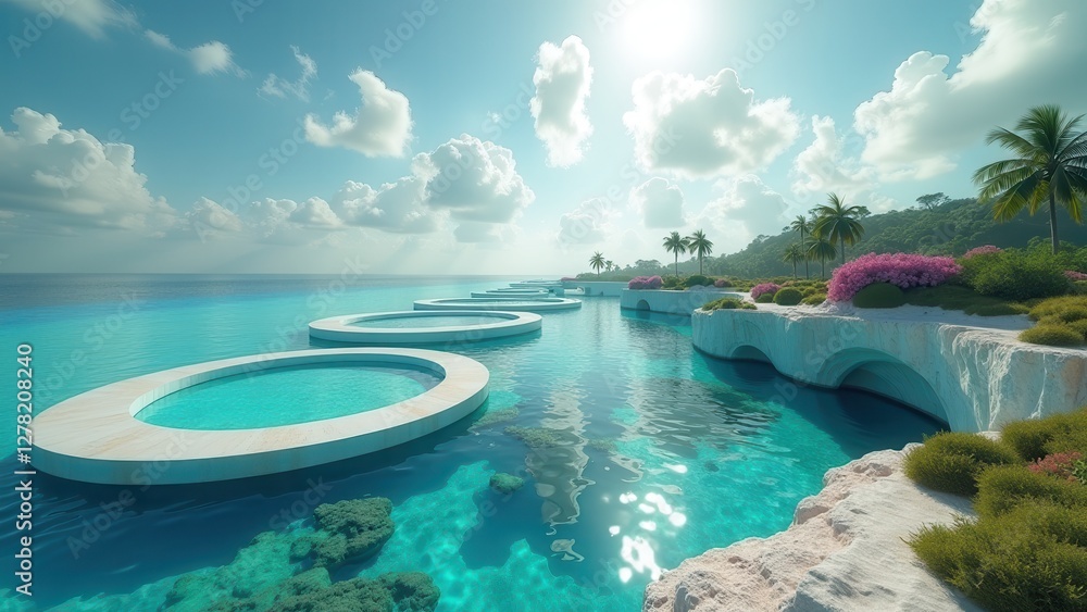 Obraz premium Split view of colorful corals and clear water with coastal rocks and plants under a bright sky 