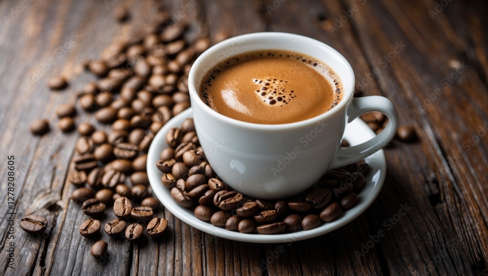 Freshly Brewed Coffee in a White Cup Surrounded by Coffee Beans on Rustic Wooden Table with Text Space for Branding or Promotions Freshly Brewed Coffee in a White Cup Surrounded by Coffee Beans on Rustic Wooden Table with Text Space for Branding or Promotions