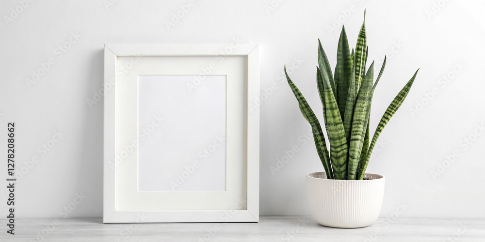 Fototapeta premium Elegant White Frame Mockup Featuring a Sansevieria Plant in a Pot for Stylish Interior Design