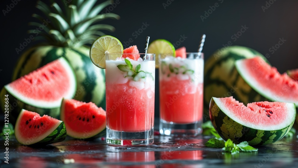 Refreshing Watermelon Coconut Milk Cocktail Surrounded by Fruit Slices Perfect for Summer Heat with Space for Text or Branding Refreshing Watermelon Coconut Milk Cocktail Surrounded by Fruit Slices Perfect for Summer Heat with Space for Text or Branding