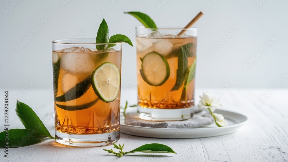 Refreshing Iced Tea with Lime and Mint Garnish in Glasses on a White Background Refreshing Iced Tea with Lime and Mint Garnish in Glasses on a White Background