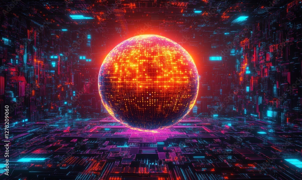 A glowing digital sphere surrounded by vibrant neon circuitry in a futuristic environment A glowing digital sphere surrounded by vibrant neon circuitry in a futuristic environment