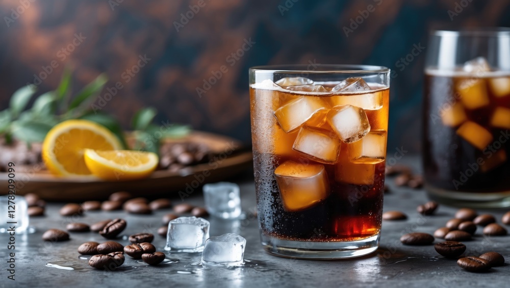 Cold Brew Coffee with Ice in a Glass Surrounded by Coffee Beans and Lemon on a Tabletop Background Cold Brew Coffee with Ice in a Glass Surrounded by Coffee Beans and Lemon on a Tabletop Background