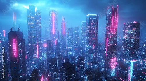 cyperpunk High-Tech Urban Future with Flying Cars and Skyscrapers