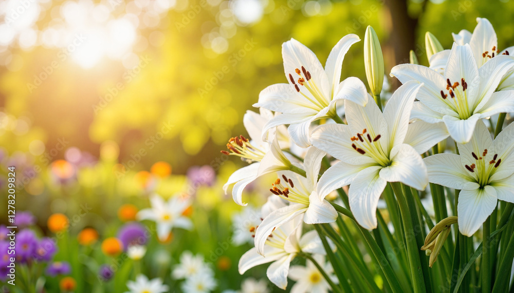 Abundant white lily bouquet in vibrant spring garden at dawn, Easter joy Abundant white lily bouquet in vibrant spring garden at dawn, Easter joy
