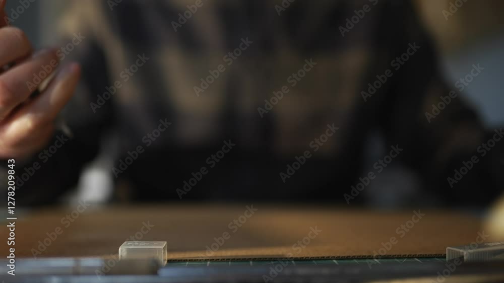 A person is holding a pencil and a cube on a green surface. The cube is on the table and the person is looking at it A person is holding a pencil and a cube on a green surface. The cube is on the table and the person is looking at it