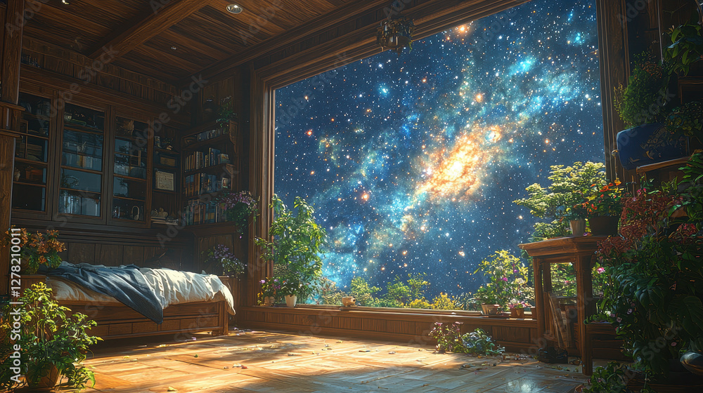 Fototapeta premium Cozy bedroom at night features swirling galaxies outside the window, creating a dreamlike surreal atmosphere with detailed reflections