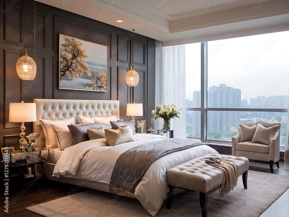 Luxurious Modern Bedroom with City View Luxurious Modern Bedroom with City View