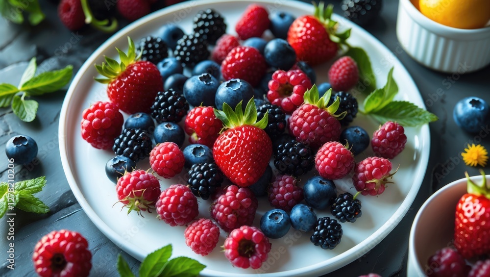 Assorted Summer Berries Arrangement on White Plate with Fresh Mint Leaves in Modern Kitchen Setting Healthy Dessert or Snack Concept Assorted Summer Berries Arrangement on White Plate with Fresh Mint Leaves in Modern Kitchen Setting Healthy Dessert or Snack Concept