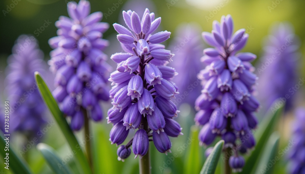 Close-up of vibrant purple hyacinth flowers in full bloom with dewdrops on delicate petals Close-up of vibrant purple hyacinth flowers in full bloom with dewdrops on delicate petals