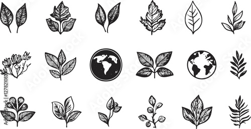 Collection of black and white leaf and earth illustrations.