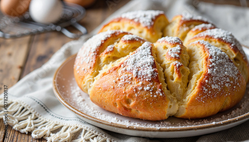 Wallpaper Mural Delicious Easter bread topped with powdered sugar on vintage table, nostalgia Torontodigital.ca