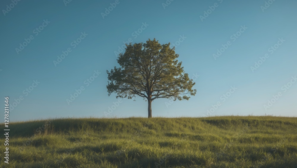 Solitary tree on a grassy hill under a clear blue sky representing resilience and nature's beauty in a peaceful landscape setting. Solitary tree on a grassy hill under a clear blue sky representing resilience and nature's beauty in a peaceful landscape setting.