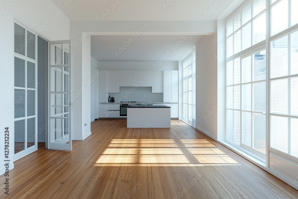 Modern empty apartment kitchen with hardwood floors and large windows Modern empty apartment kitchen with hardwood floors and large windows