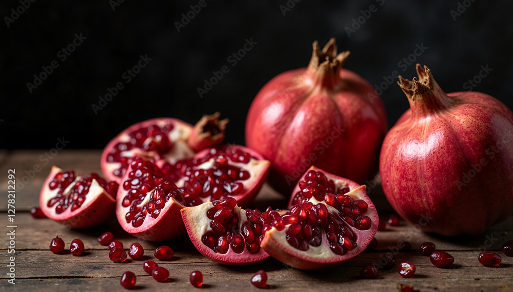 Still life composition of whole and sliced pomegranates on a rustic wooden table, with deep red tones contrasting with moody lighting Still life composition of whole and sliced pomegranates on a rustic wooden table, with deep red tones contrasting with moody lighting