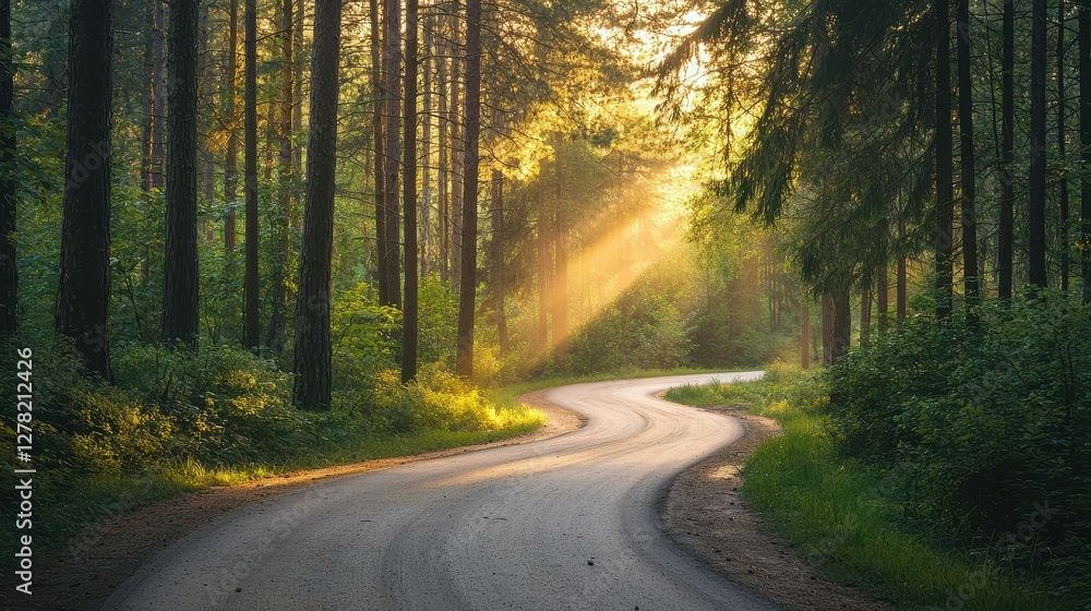 Fototapeta premium Serene Curved Road Through Lush Green Forest at Sunrise