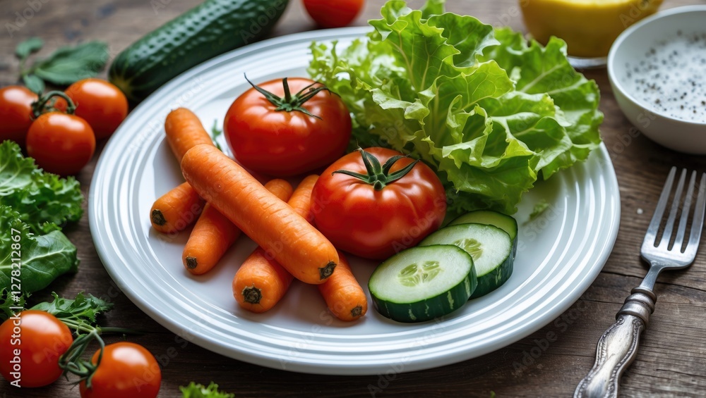 Fresh Vegetables on a White Plate Including Tomatoes, Carrot, Cucumber, and Lettuce Against a Rustic Wooden Background Fresh Vegetables on a White Plate Including Tomatoes, Carrot, Cucumber, and Lettuce Against a Rustic Wooden Background