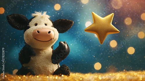 Stuffed cow holding a golden star in a galaxy scene