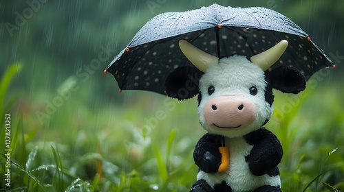 Stuffed cow holding a mini umbrella in the rain