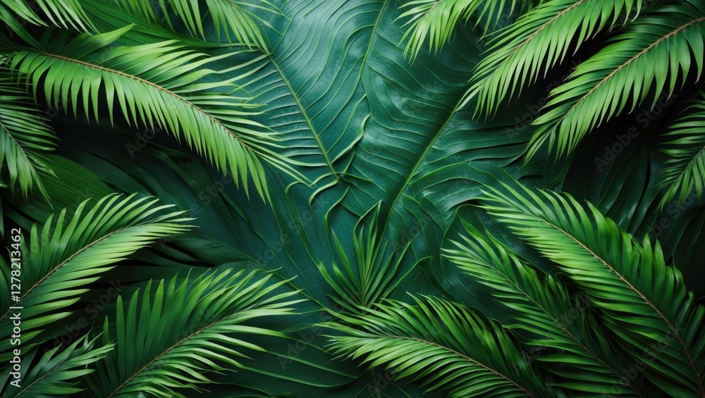 Tropical Green Palm Leaf Background with Lush Texture and Blank Space for Creative Text or Branding Use Tropical Green Palm Leaf Background with Lush Texture and Blank Space for Creative Text or Branding Use