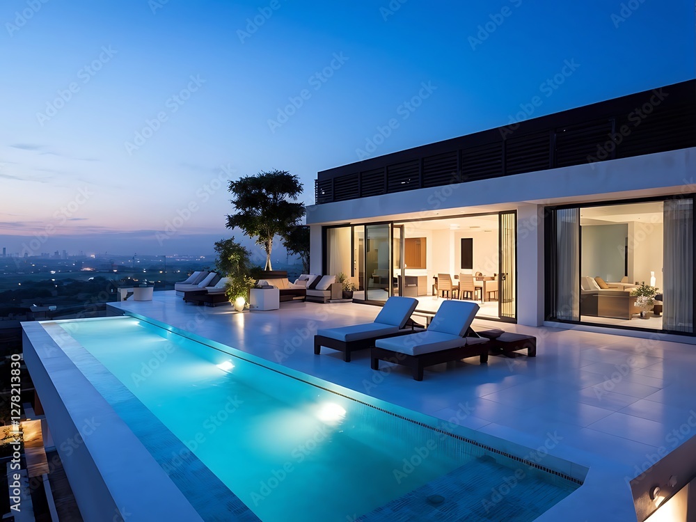 Fototapeta premium Modern Rooftop Terrace with Infinity Pool and City Views